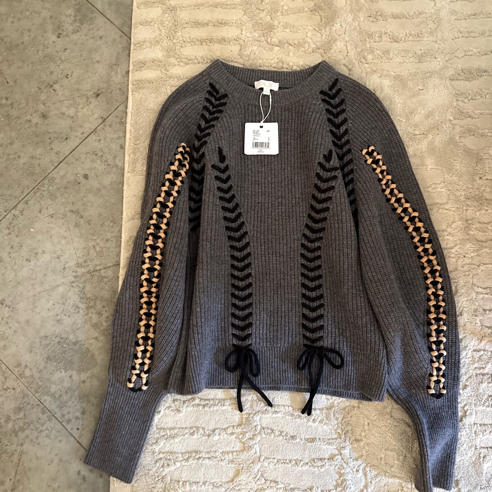 NWT Lé AL.X Grey Crewneck Sweater with Braided Details Contrast Stitch Luxury